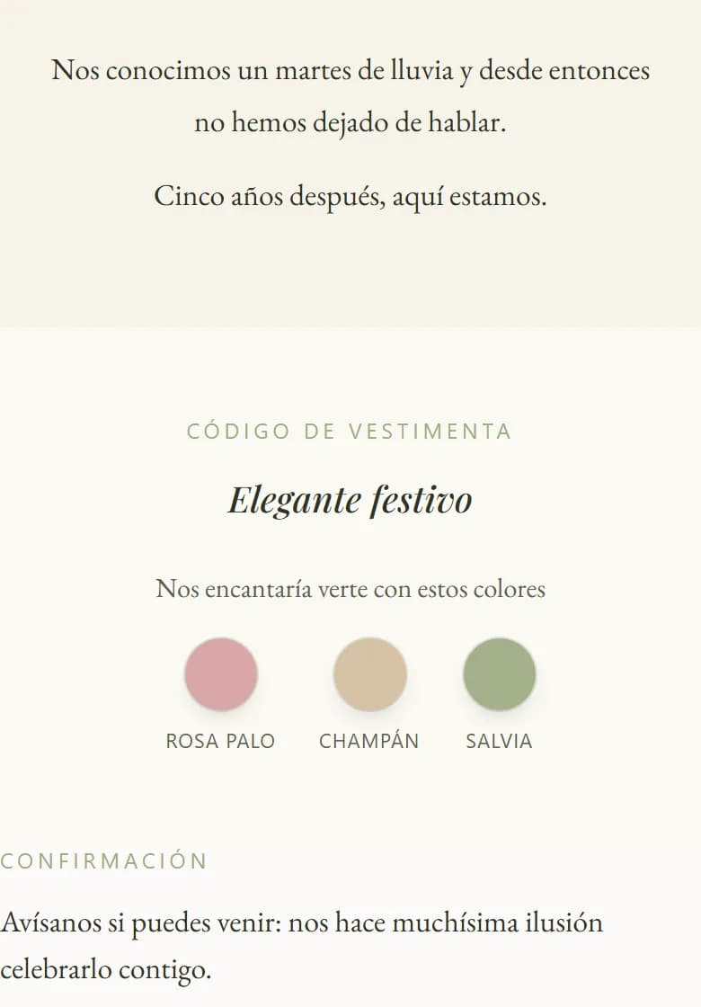 El código de vestimenta y la confirmación de una invitación de AmoreInvite en un móvil