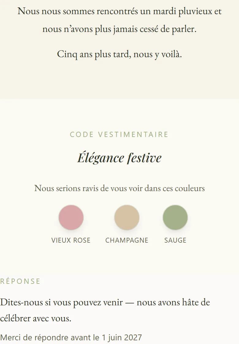 Le code vestimentaire et la réponse d’une invitation AmoreInvite sur un téléphone