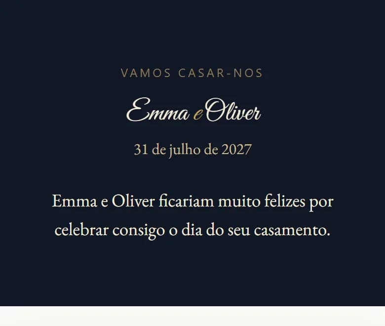 Um convite AmoreInvite com o estilo Midnight & Gold com Calligraphy