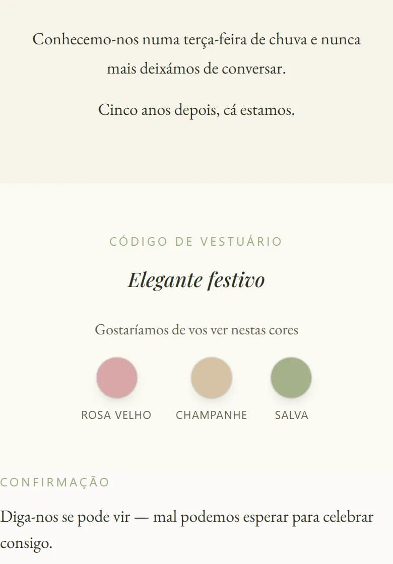 O código de vestuário e a confirmação de um convite AmoreInvite num telemóvel