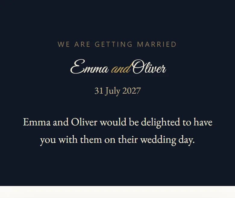 An AmoreInvite invitation in the Midnight & Gold with Calligraphy look
