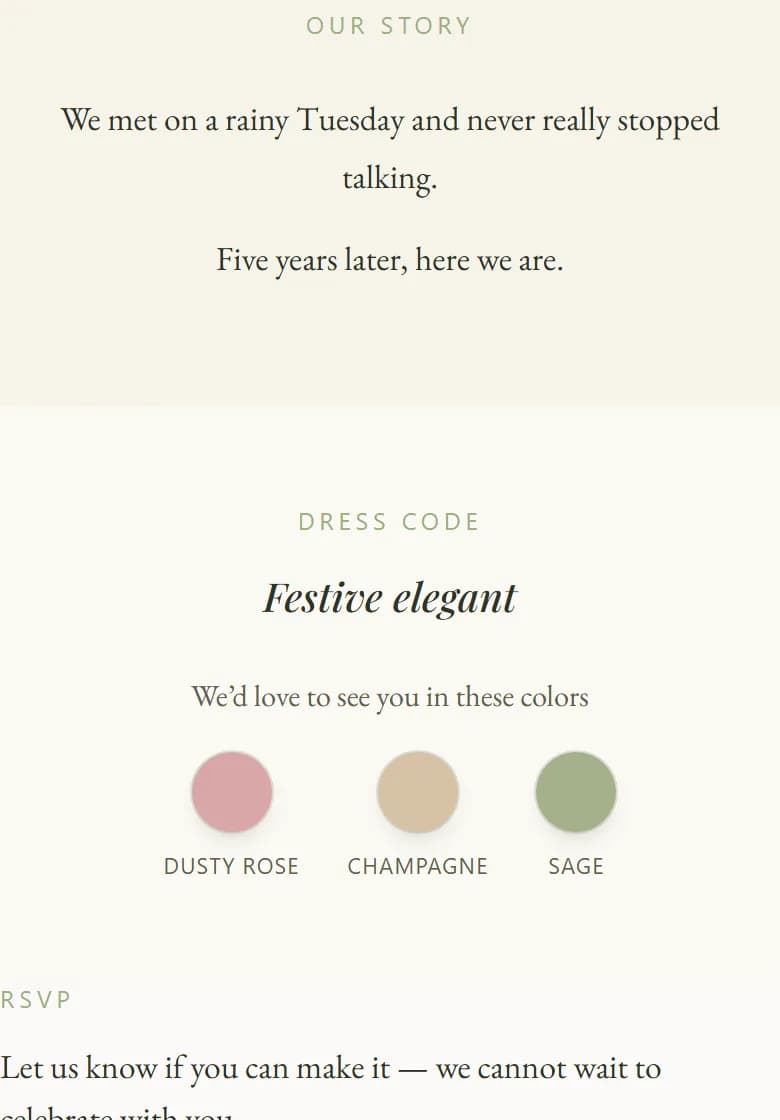 The dress code and RSVP part of an AmoreInvite invitation on a phone