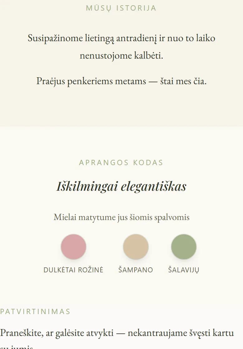 „AmoreInvite“ kvietimo aprangos kodo ir atsakymų dalis telefone